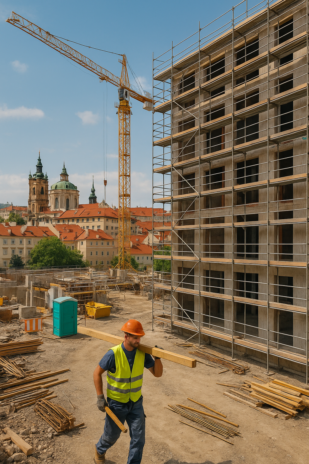 Pracovník nese dřevěný trám na stavbě s lešením a jeřábem v pozadí