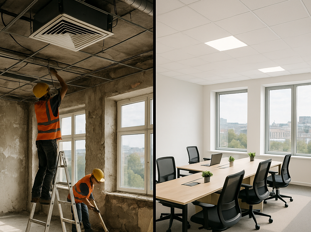 Dva muži pracují na demontáži stropní konstrukce, vedle hotová část zrekonstruované kanceláře